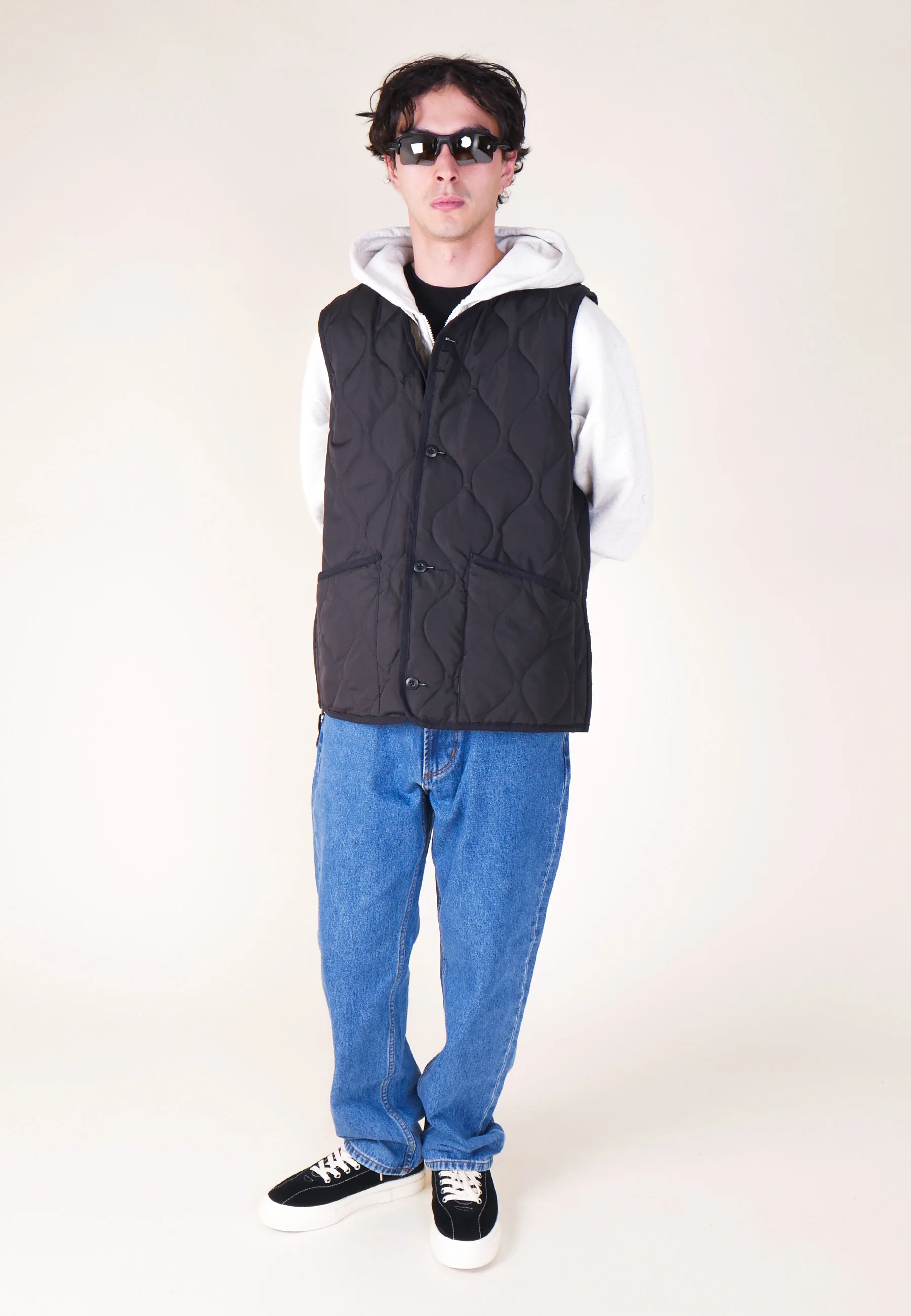 Military Button V Neck Down Vest - Black - Image 3