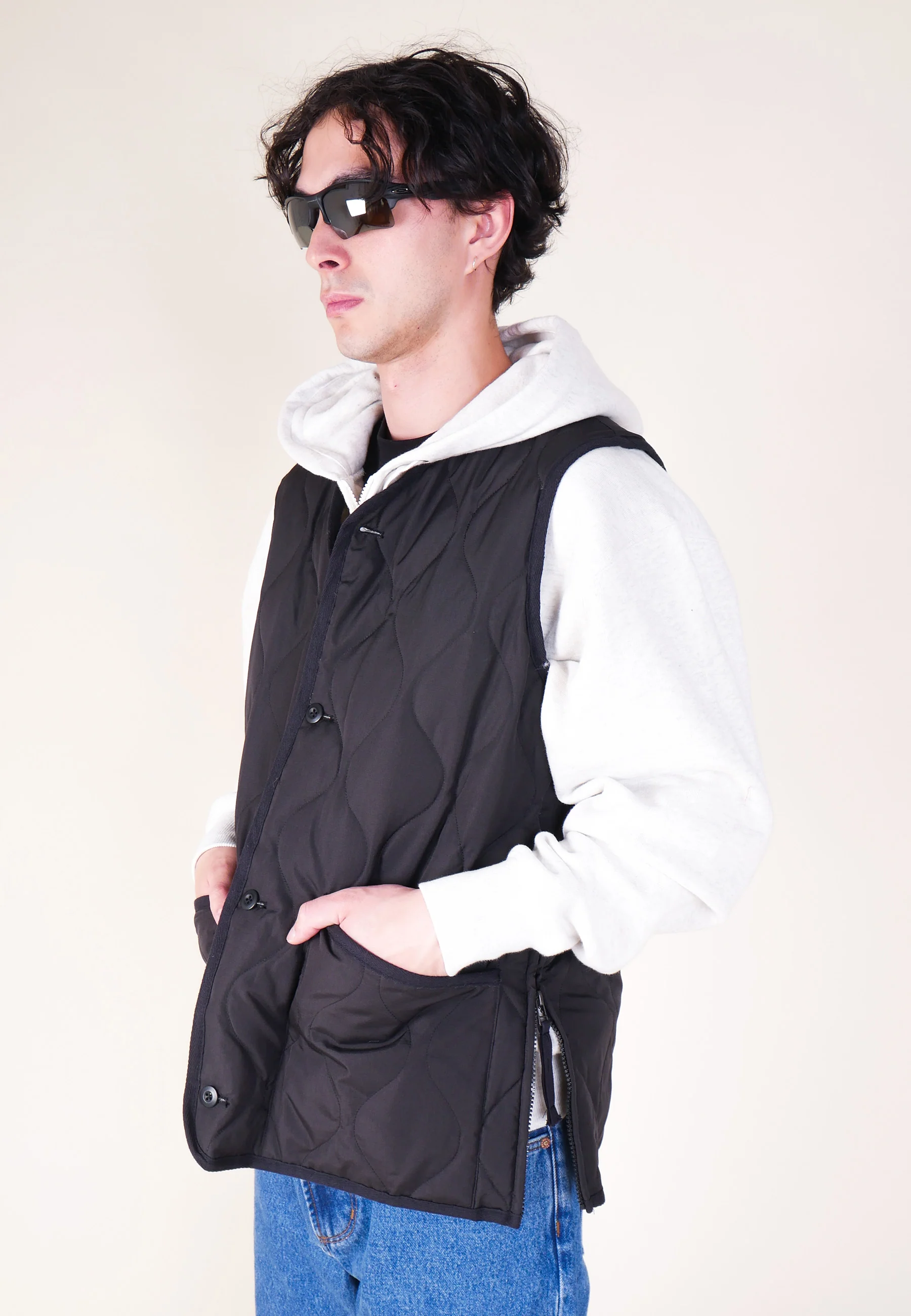 Military Button V Neck Down Vest - Black - Image 4