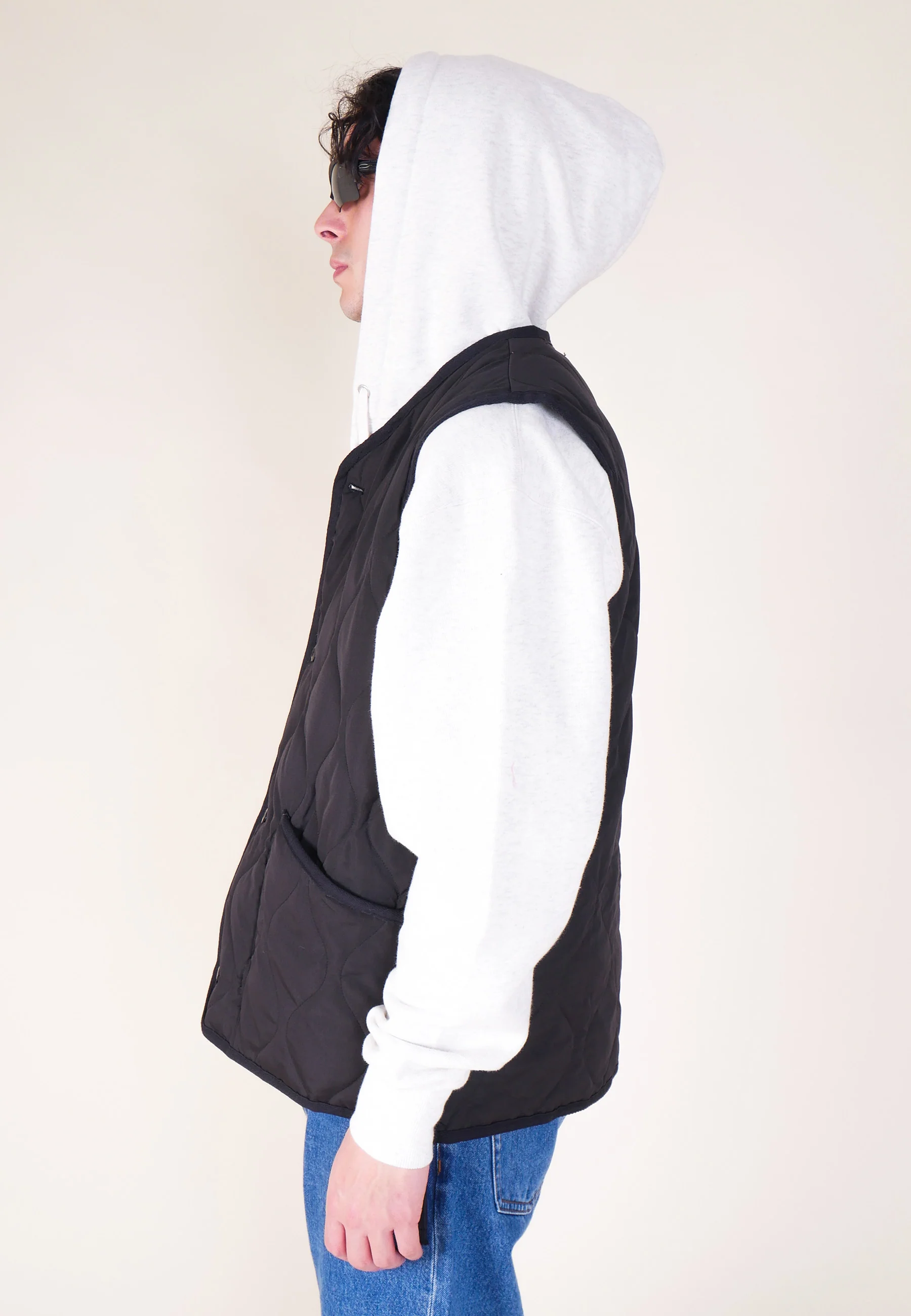 Military Button V Neck Down Vest - Black - Image 5