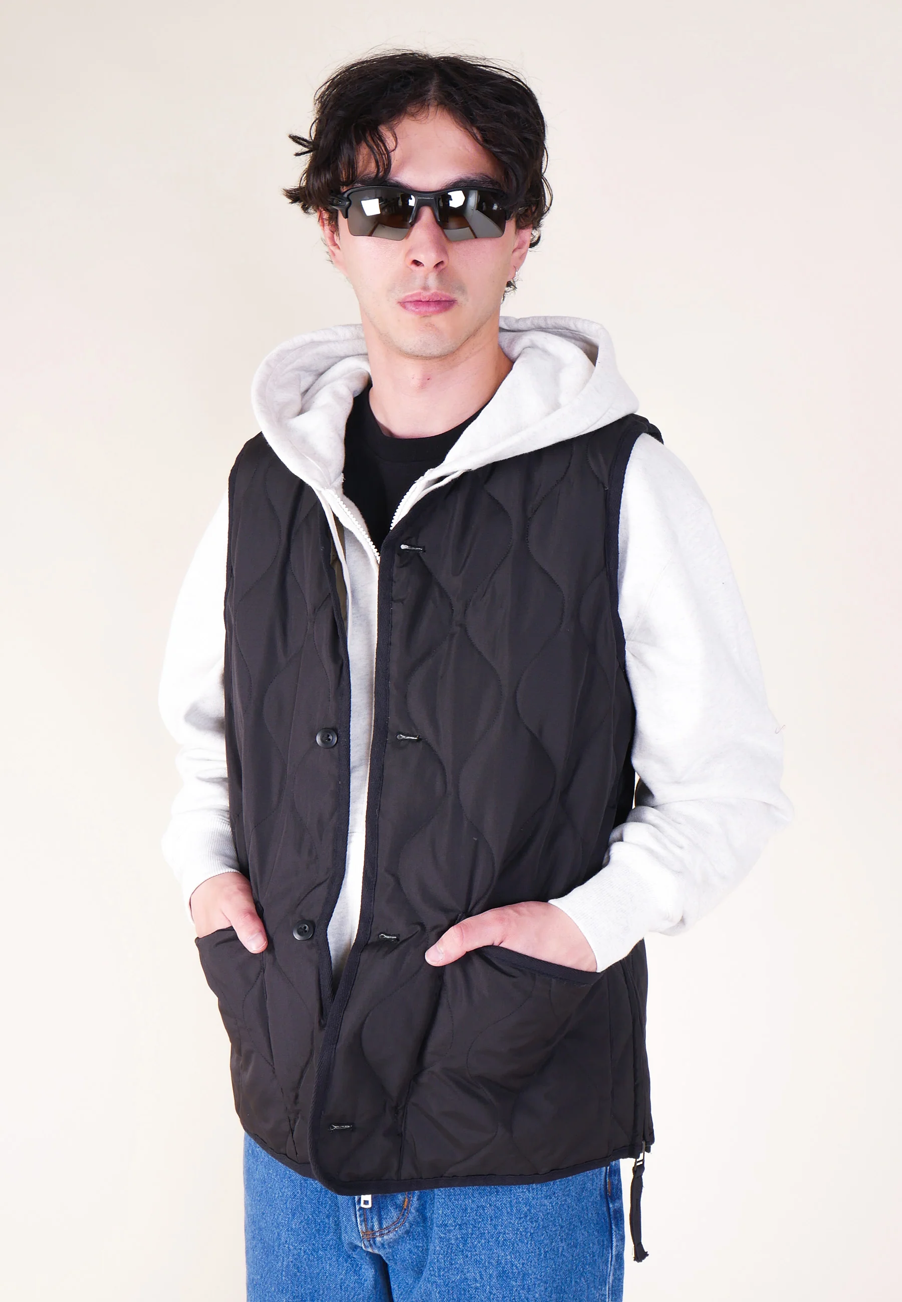 Military Button V Neck Down Vest - Black - Image 7