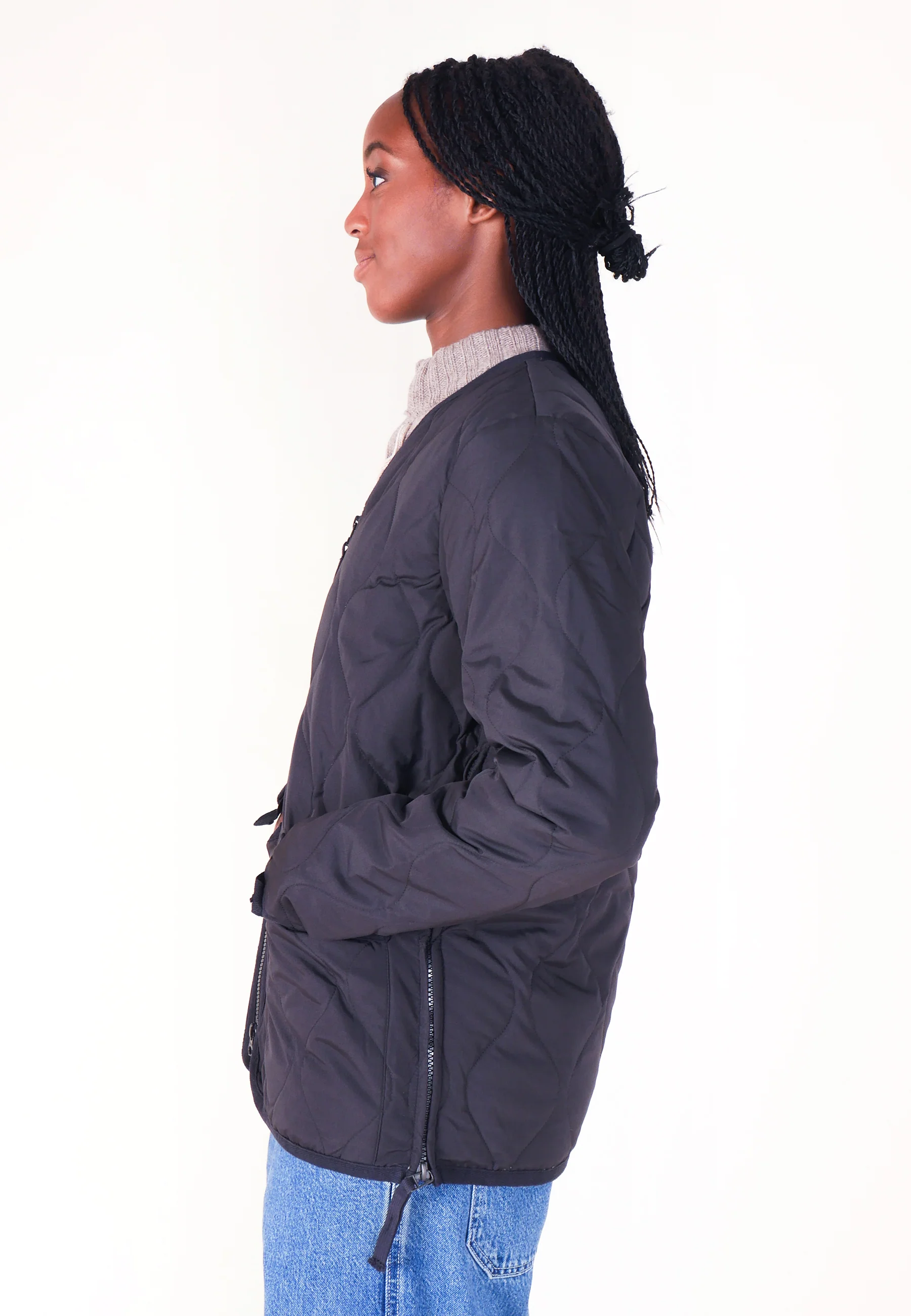 Military Zip V Neck Down Jacket - Black - Image 10