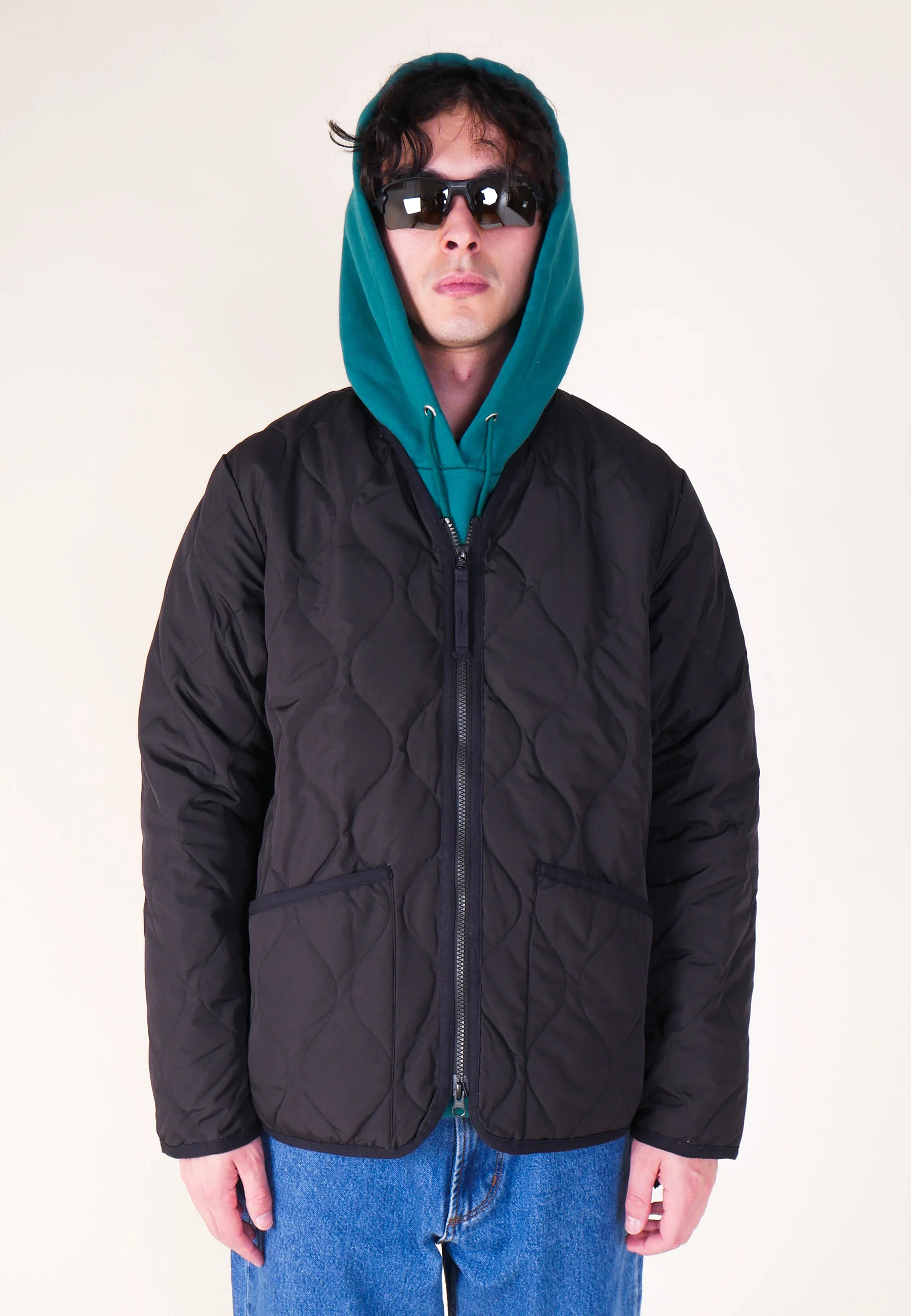 Military Zip V Neck Down Jacket - Black - Image 4