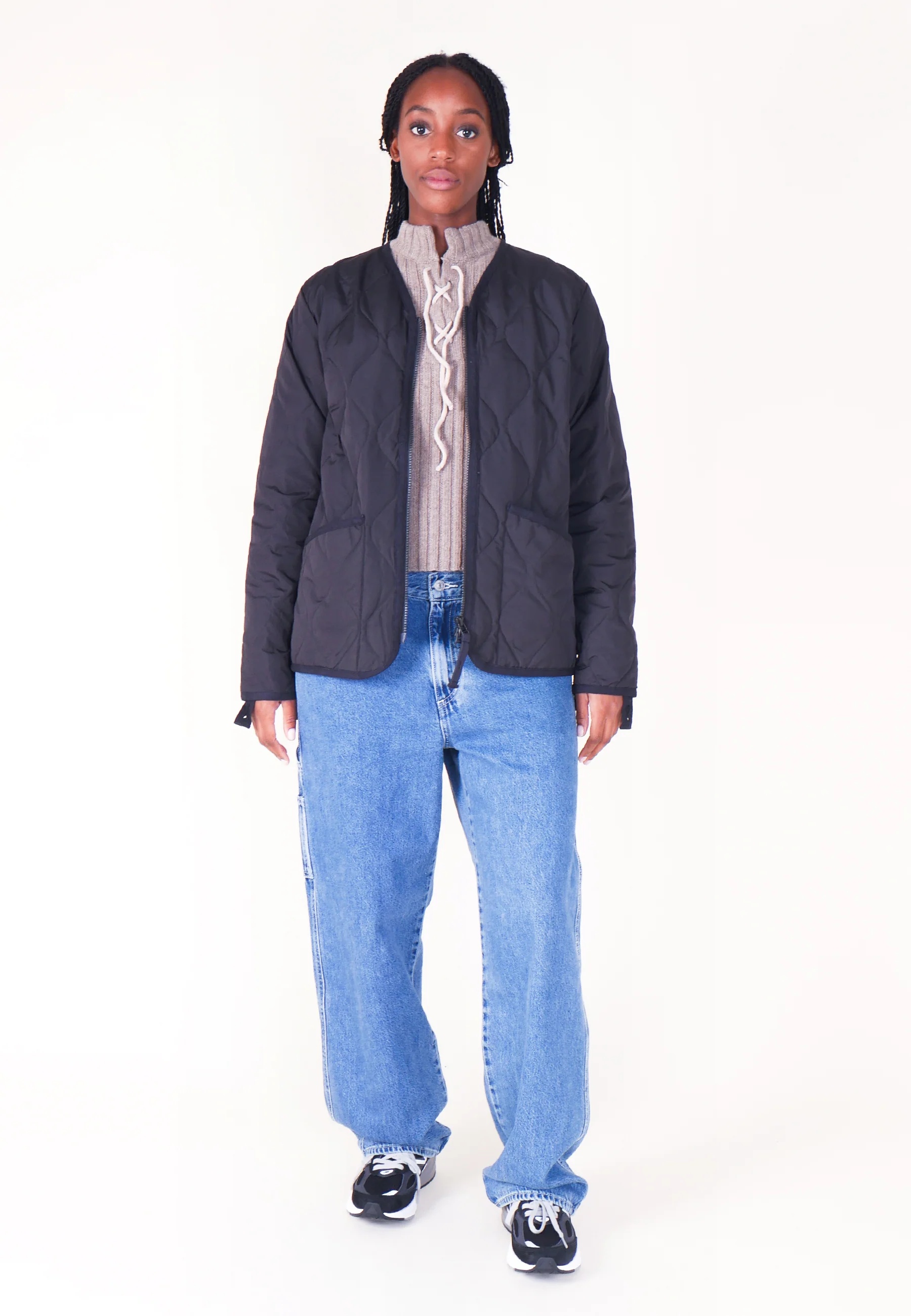 Military Zip V Neck Down Jacket - Black - Image 5