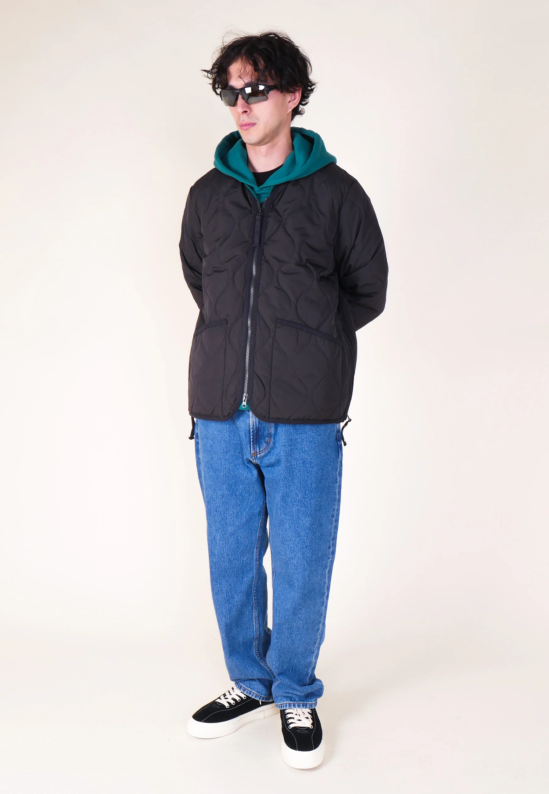 Military Zip V Neck Down Jacket - Black - Image 6