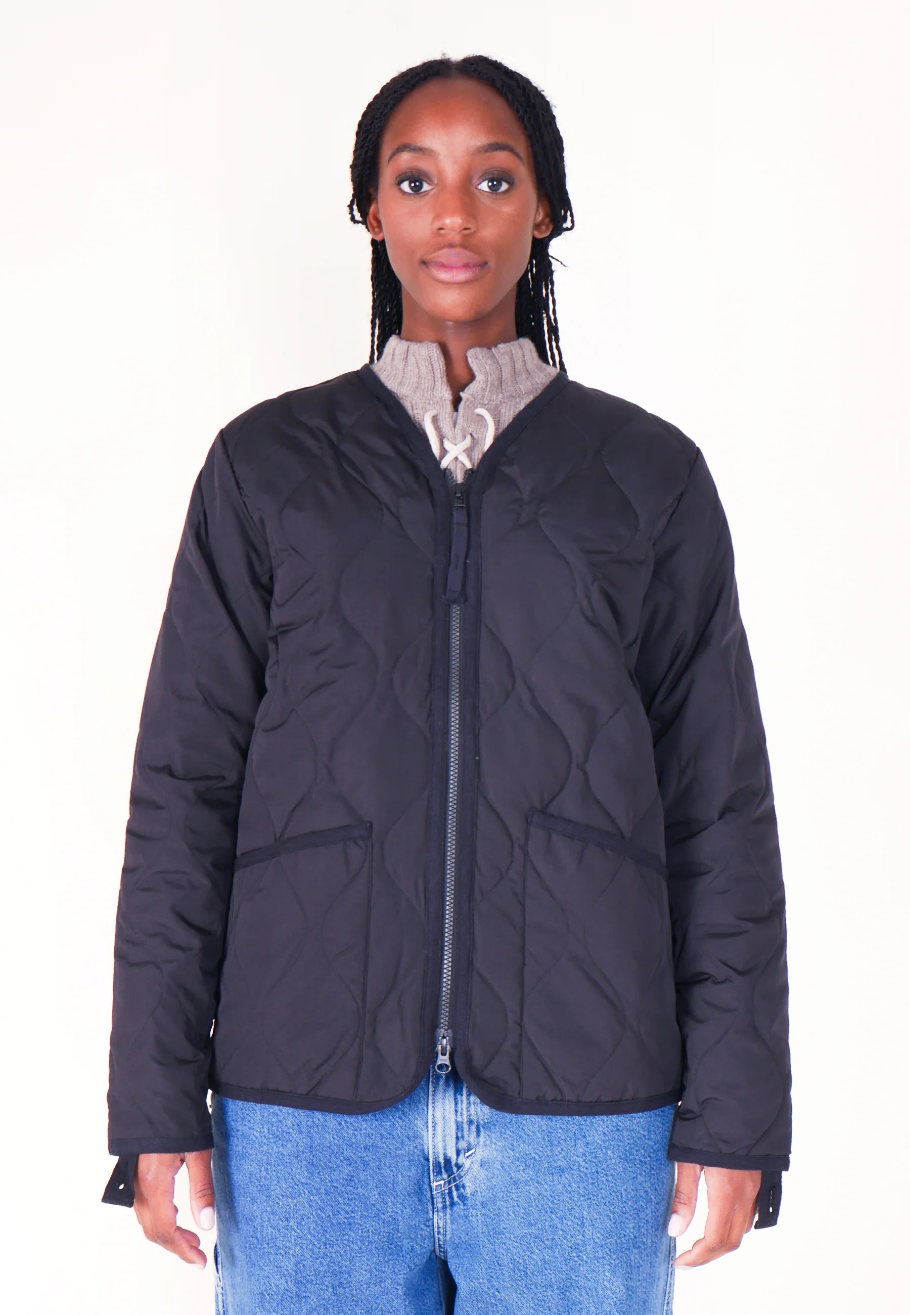 Military Zip V Neck Down Jacket - Black - Image 7