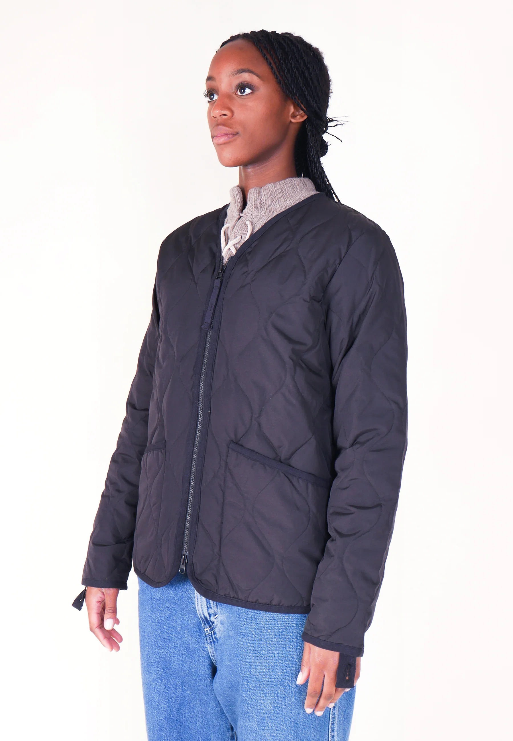 Military Zip V Neck Down Jacket - Black - Image 8