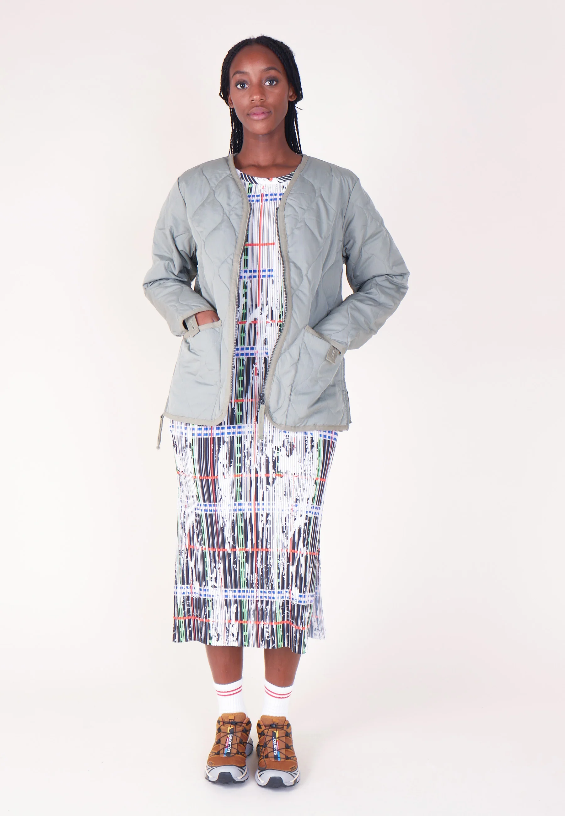 Military Zip V Neck Down Jacket - Sage Green - Image 3