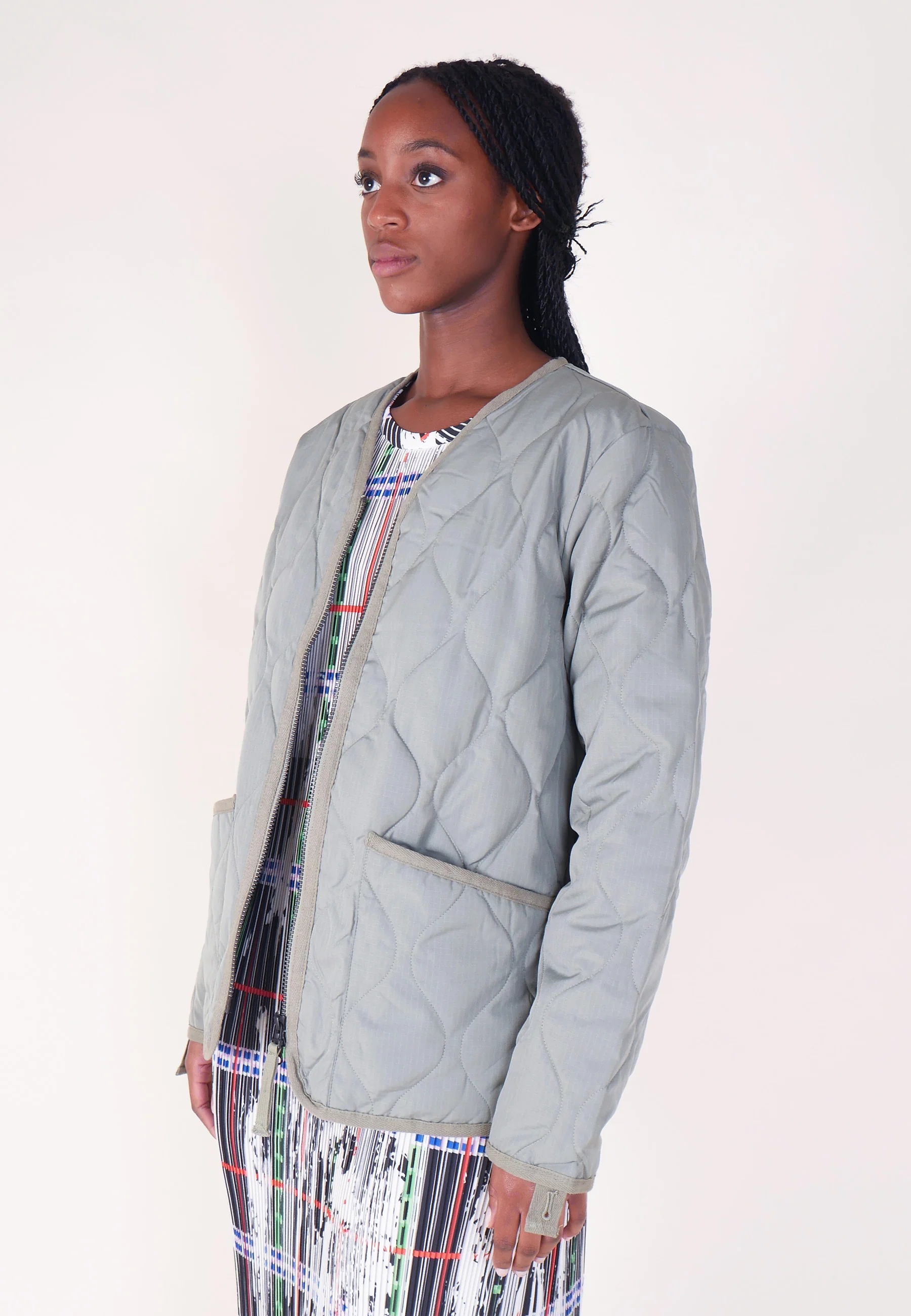 Military Zip V Neck Down Jacket - Sage Green - Image 5