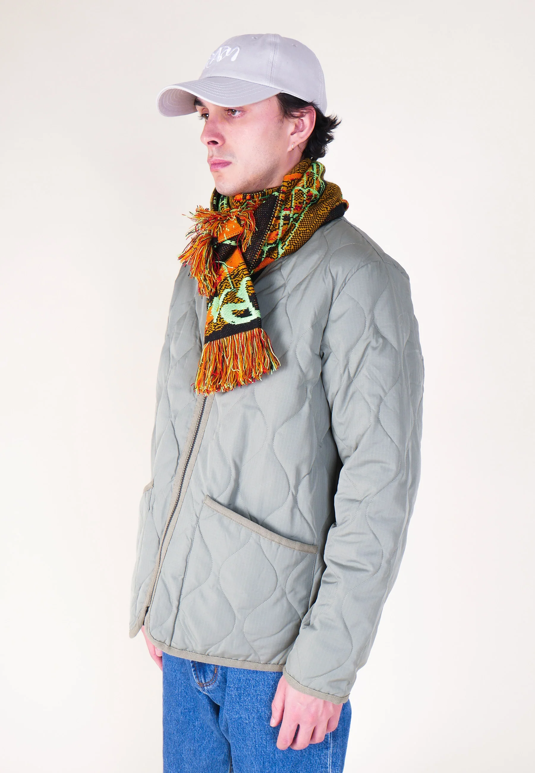 Military Zip V Neck Down Jacket - Sage Green - Image 6