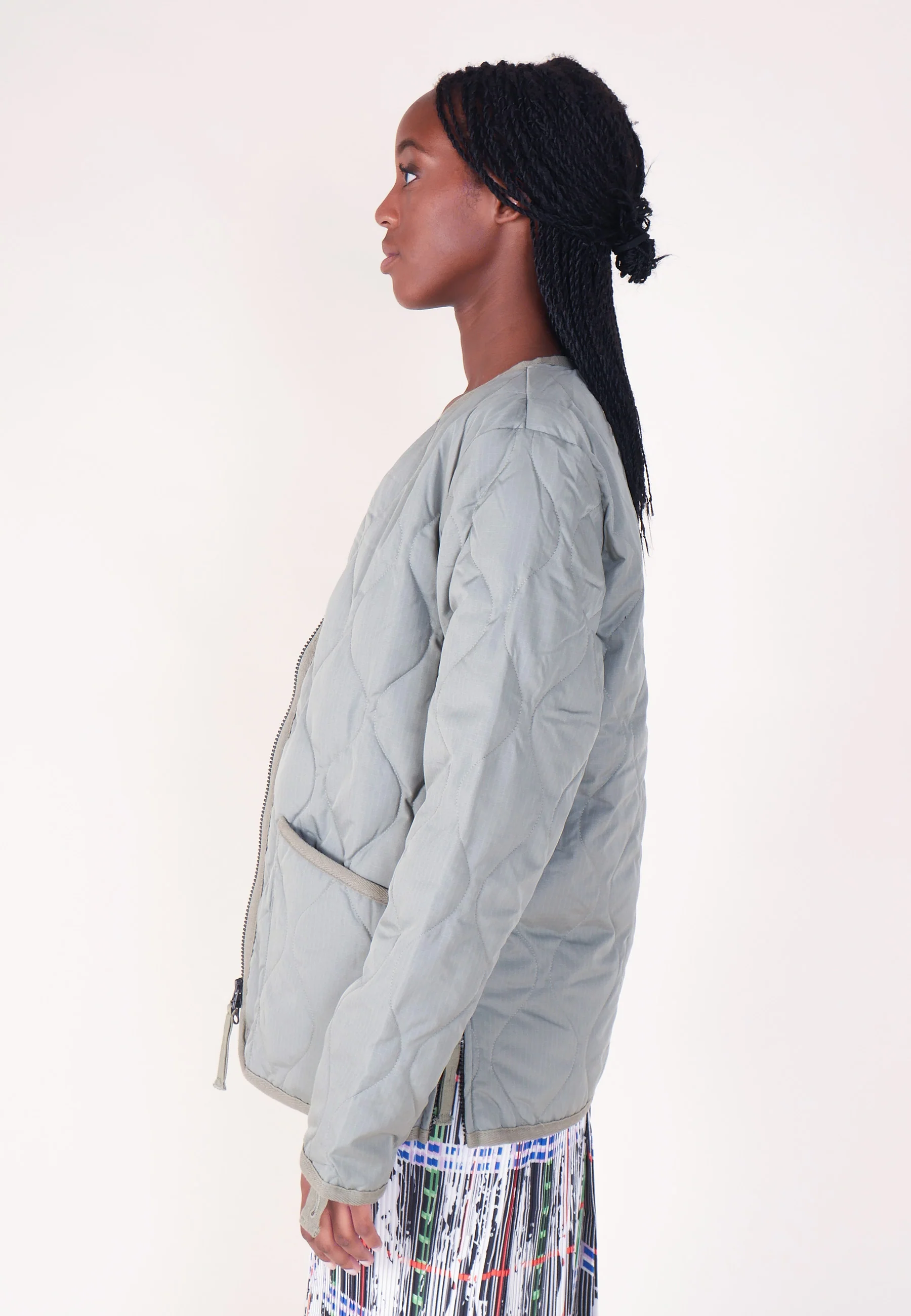 Military Zip V Neck Down Jacket - Sage Green - Image 7