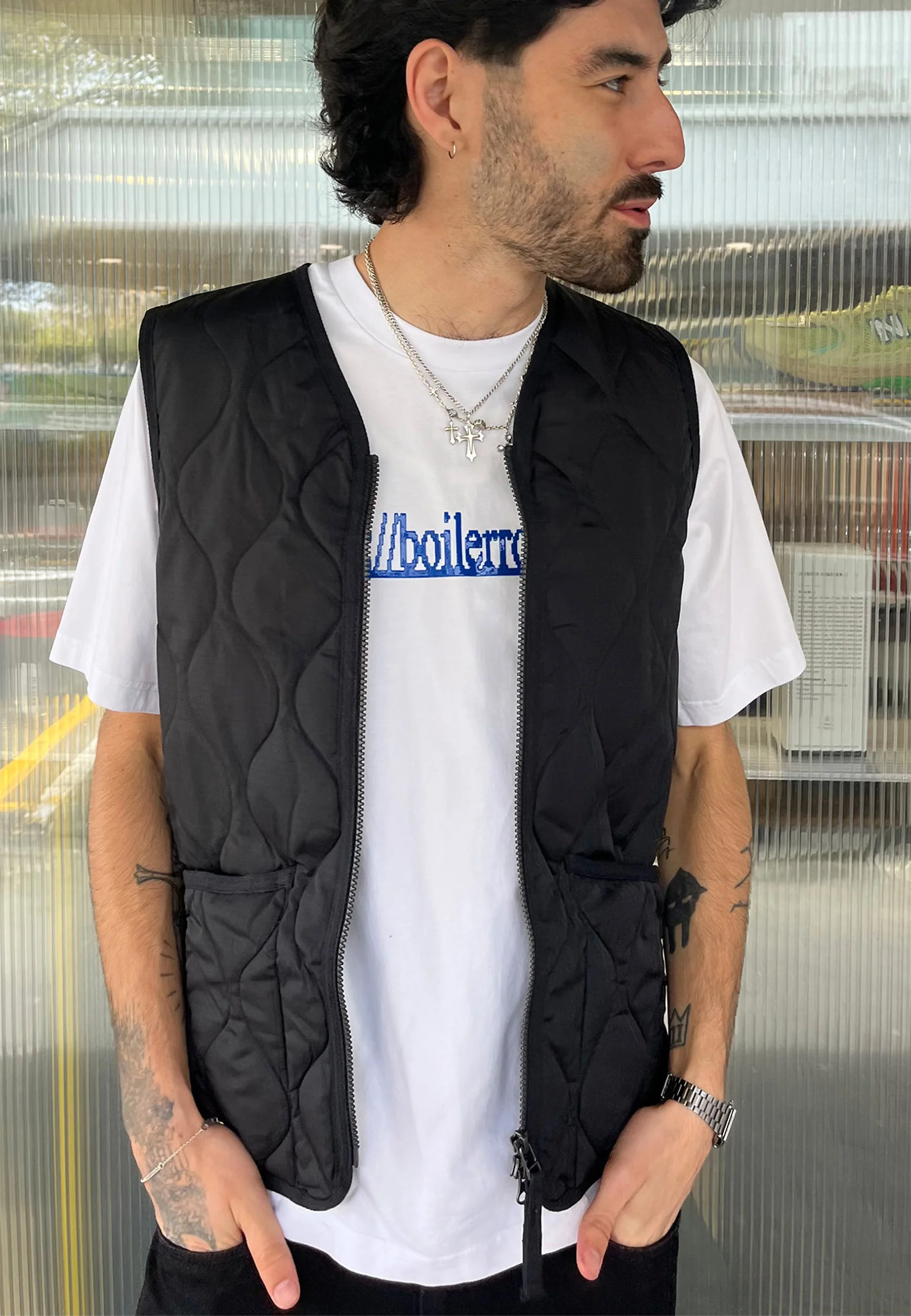 Military Zip V Neck Down Vest - Black - Image 3