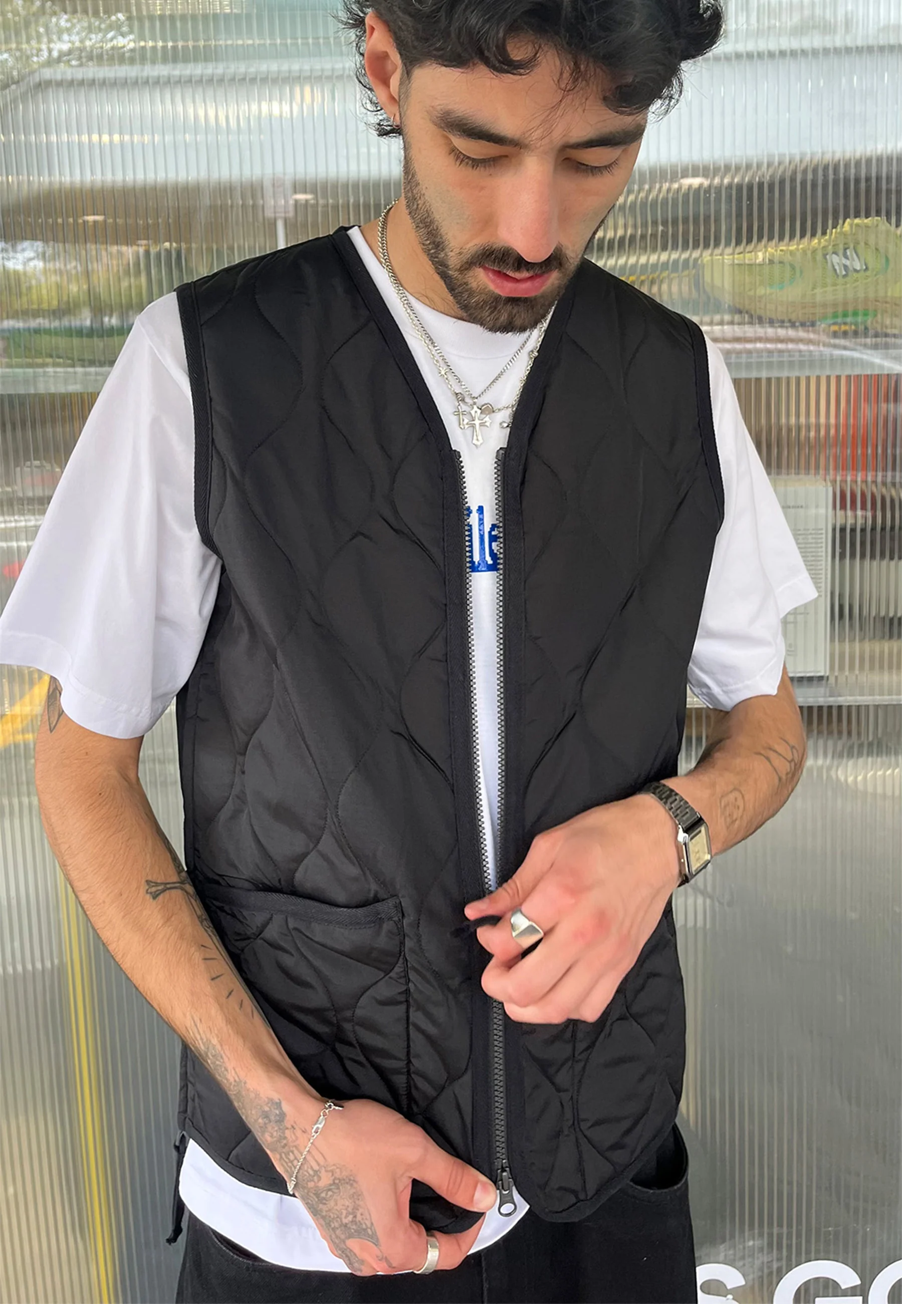 Military Zip V Neck Down Vest - Black - Image 4