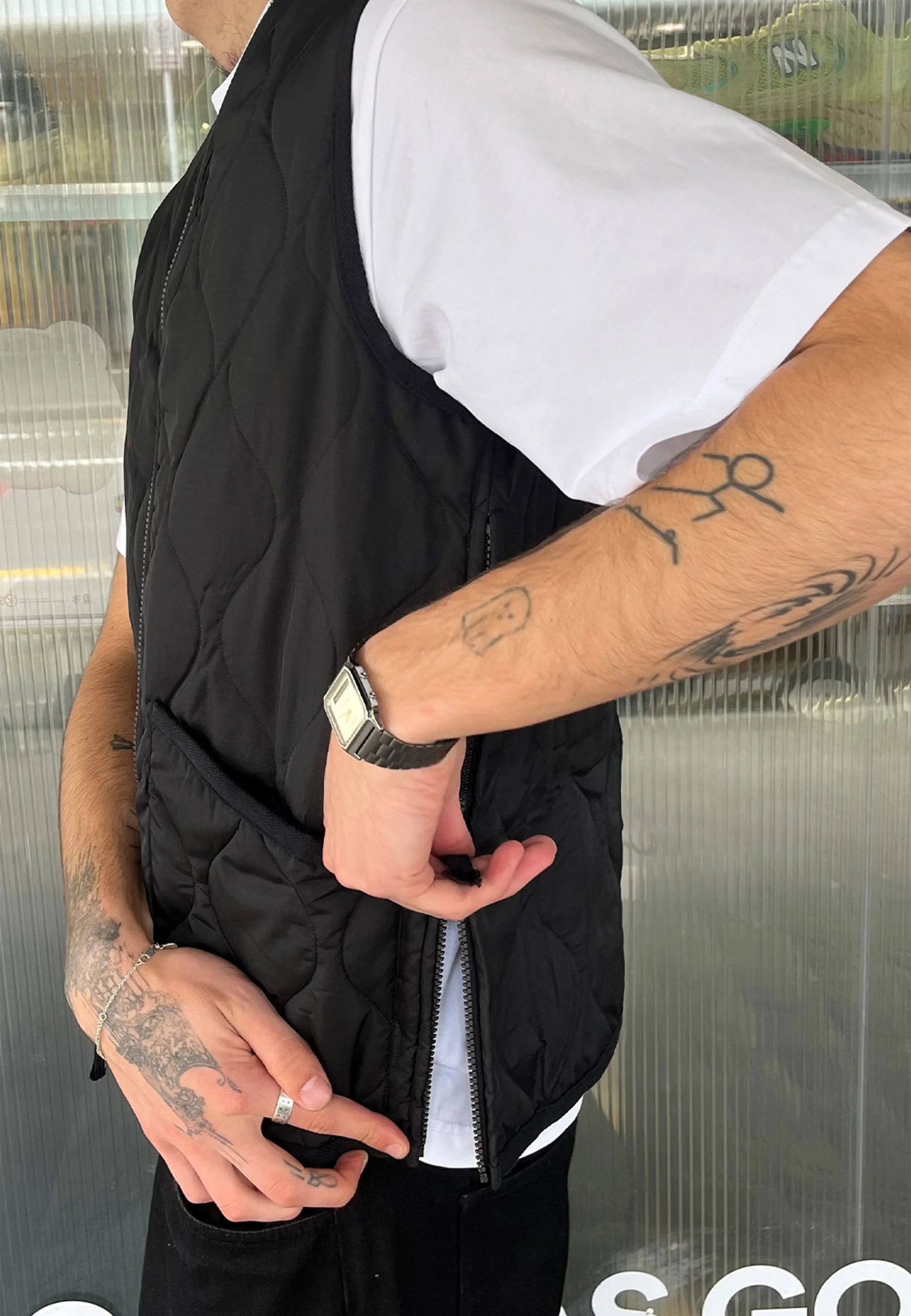 Military Zip V Neck Down Vest - Black - Image 5