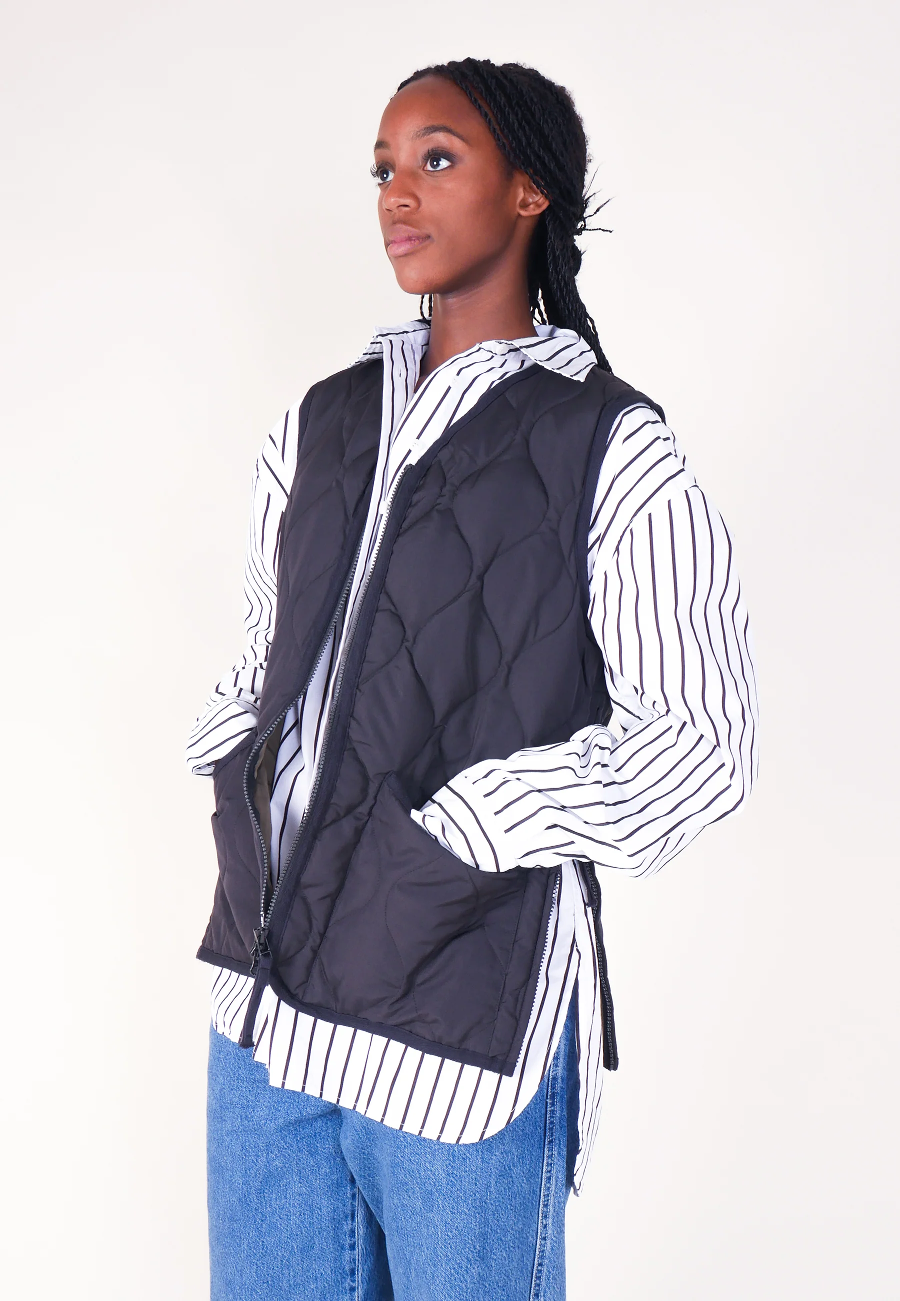 Military Zip V Neck Down Vest - Black - Image 8