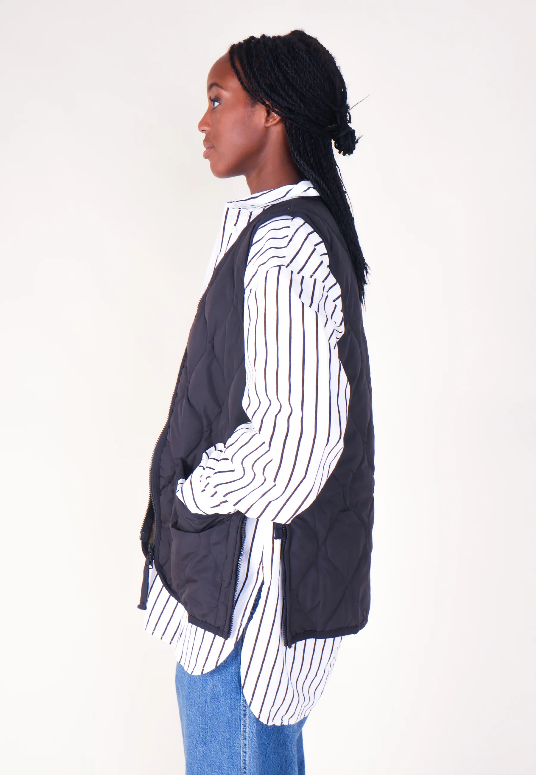 Military Zip V Neck Down Vest - Black - Image 9